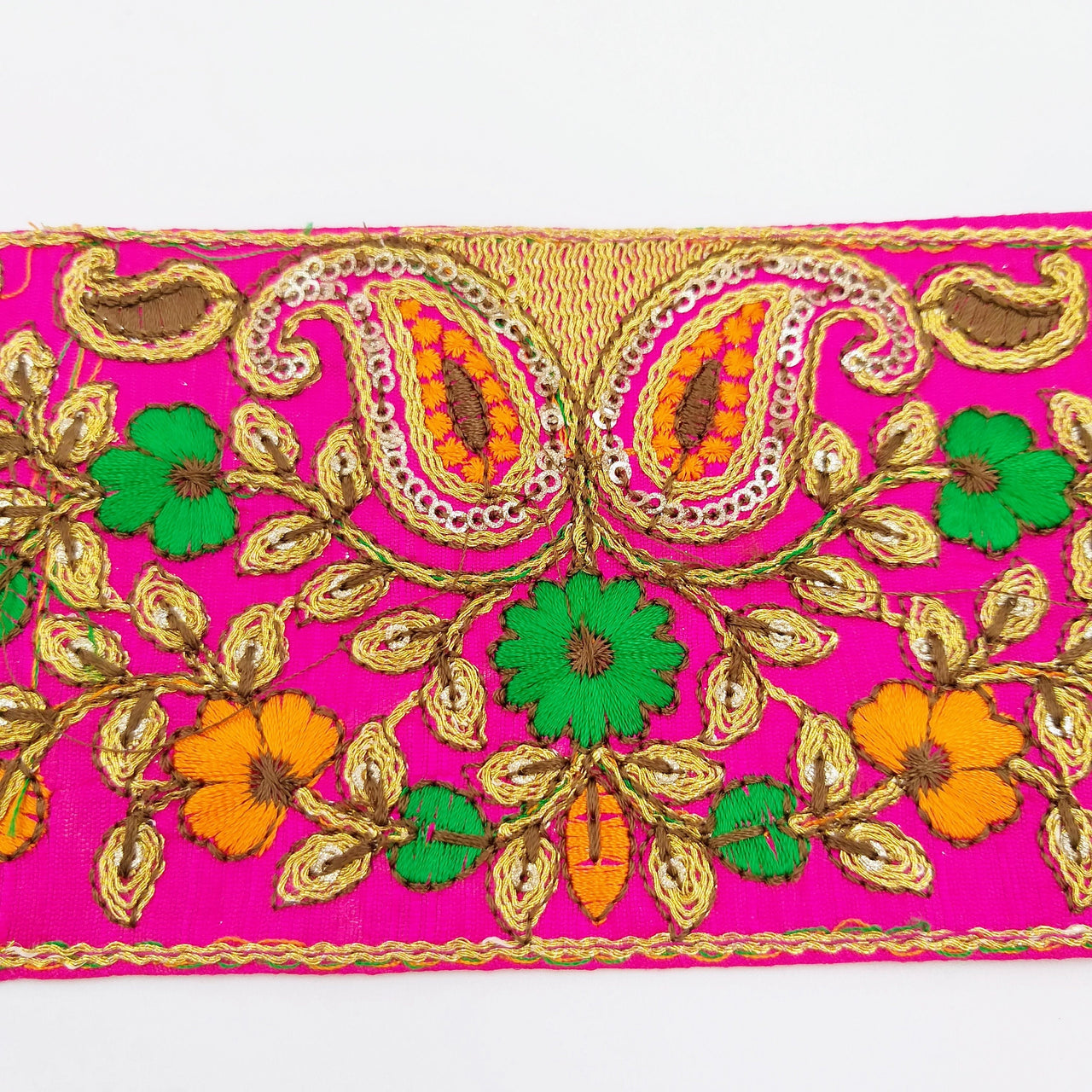 Fuchsia Pink Art Silk Fabric Trim With Intricate Floral Embroidery, Approx. 90mm wide, Trim By Yard Decorative Sari Border