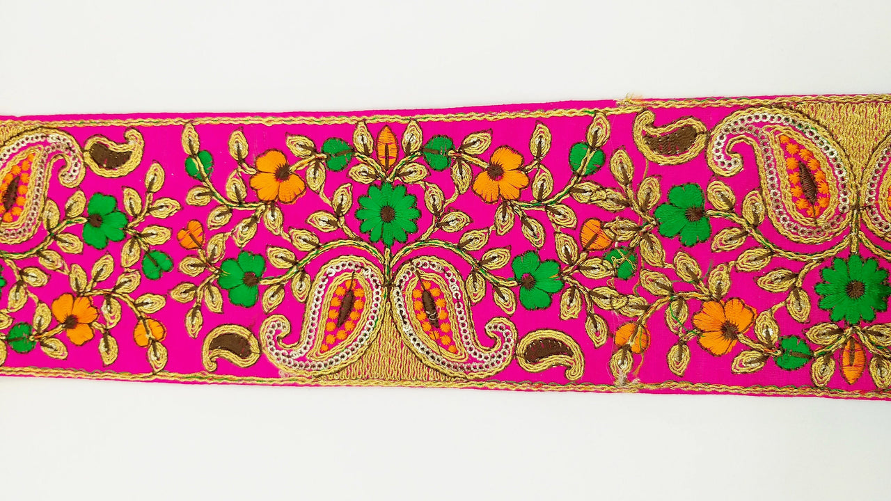 Fuchsia Pink Art Silk Fabric Trim With Intricate Floral Embroidery, Approx. 90mm wide, Trim By Yard Decorative Sari Border