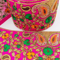 Thumbnail for Fuchsia Pink Art Silk Fabric Trim With Intricate Floral Embroidery, Approx. 90mm wide, Trim By Yard Decorative Sari Border