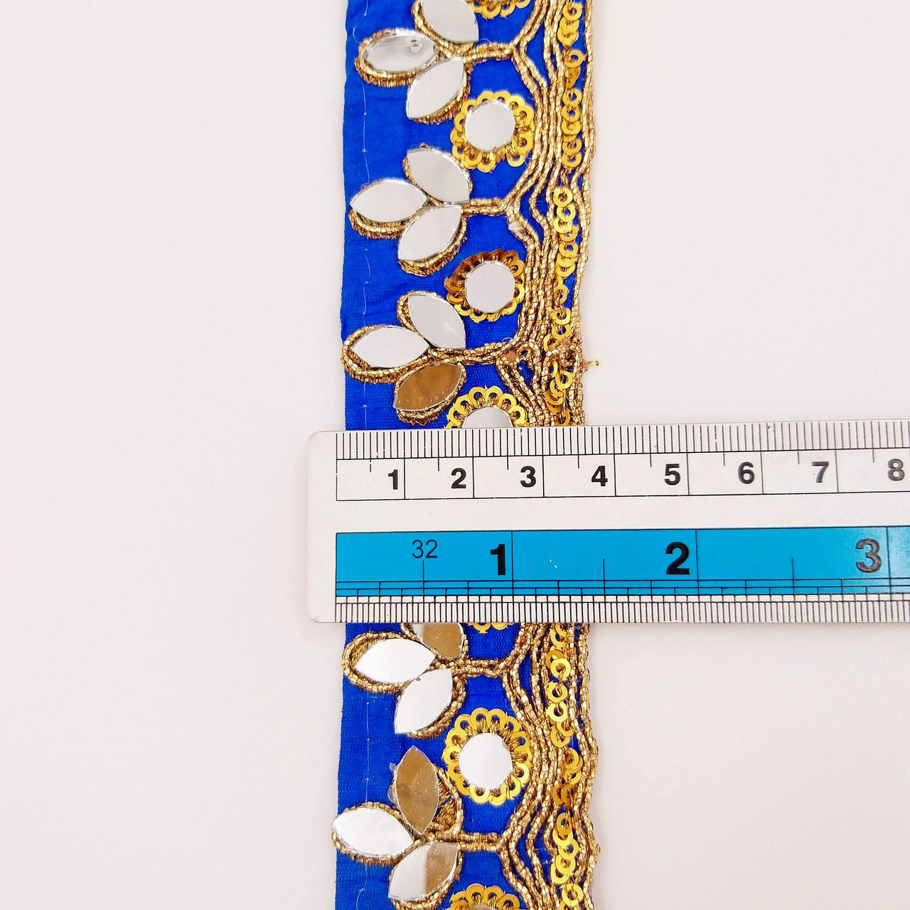 Royal Blue Silk Trim With Mirrors Embellishments and Gold Embroidery, Approx. 34mm Wide, Decorative Trim Costume Trim Fashion Trim By Yard