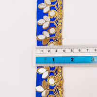 Thumbnail for Royal Blue Silk Trim With Mirrors Embellishments and Gold Embroidery, Approx. 34mm Wide, Decorative Trim Costume Trim Fashion Trim By Yard