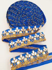 Thumbnail for Royal Blue Silk Trim With Mirrors Embellishments and Gold Embroidery, Approx. 34mm Wide, Decorative Trim Costume Trim Fashion Trim By Yard