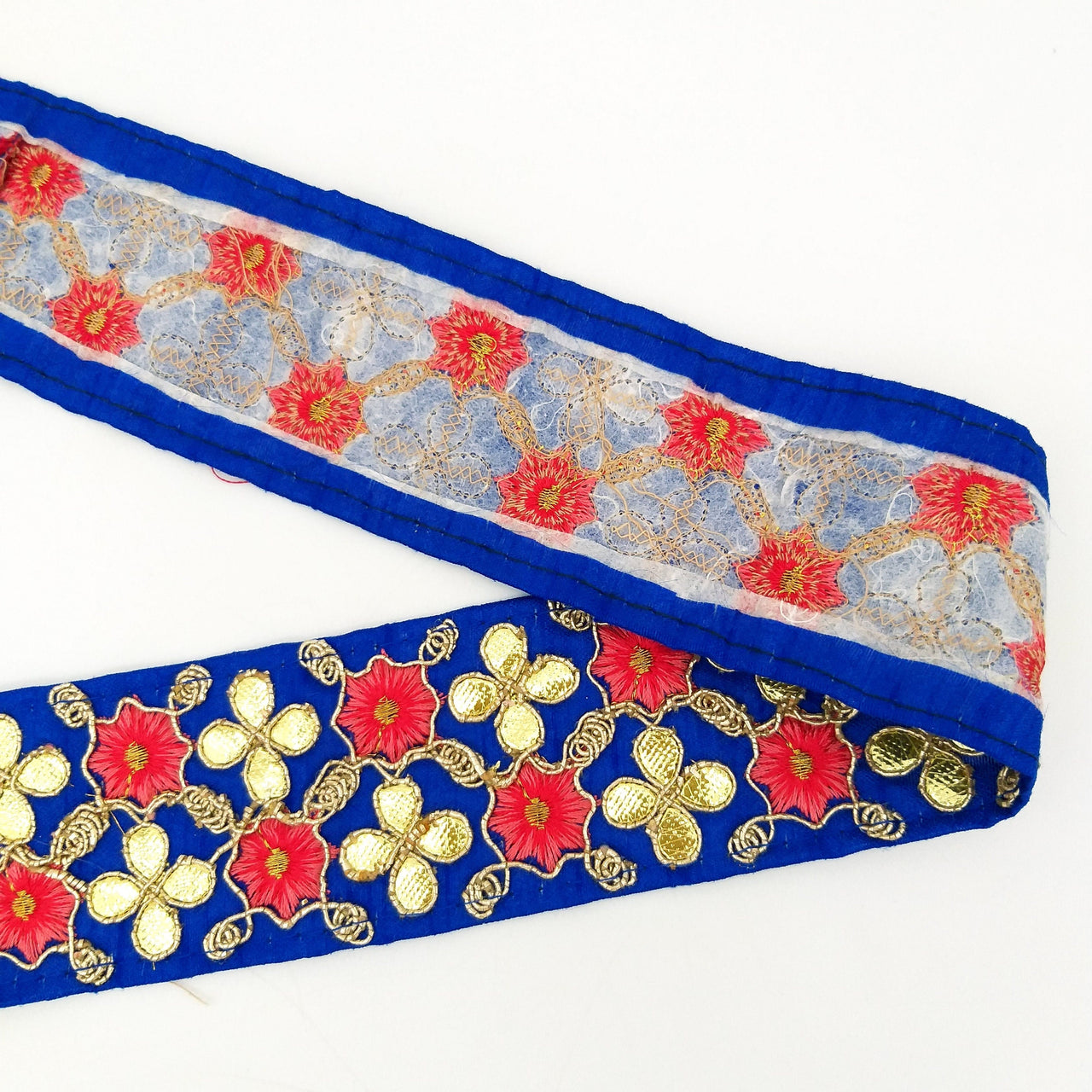 Royal Blue Art Silk Fabric Trim, Salmon Pink & Gold Floral Embroidery Gota Patti Indian Sari Border Trim By Yard Decorative Trim Craft Lace