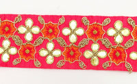 Thumbnail for Radical Red Art Silk Fabric Trim, Orange & Gold Floral Embroidery Gota Patti Indian Sari Border Trim By Yard Decorative Trim Craft Lace