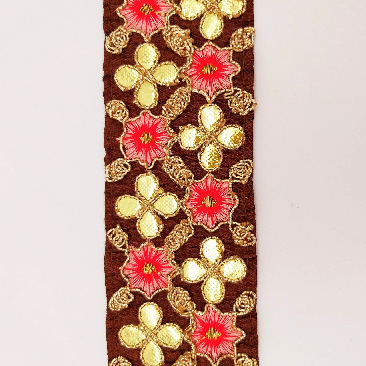 Brown Art Silk Fabric Trim, Salmon Pink & Gold Floral Embroidery Gota Patti Indian Sari Border Trim By Yard Decorative Trim Craft Lace