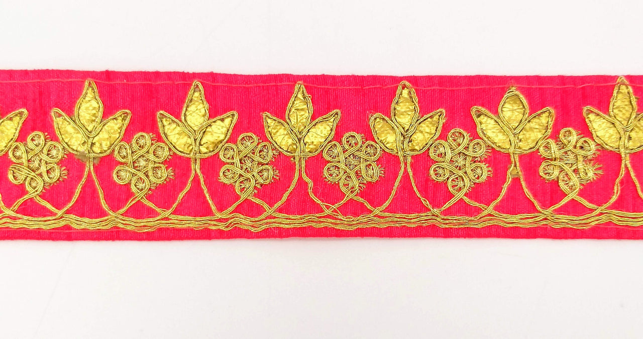 Radical Red Art Silk Fabric Trim, Gold Floral Embroidery Gota Patti Indian Sari Border Trim By Yard Decorative Trim Craft Lace