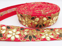 Thumbnail for Red Fabric Trim In Black & Gold Floral Embroidery, Gota Patti Trim, Indian Flower Border