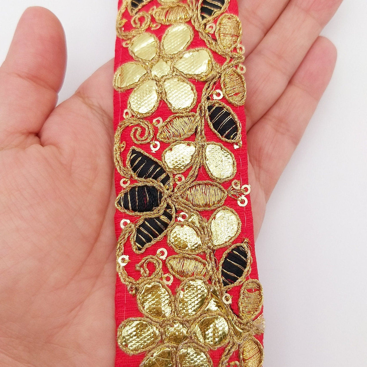 Red Fabric Trim In Black & Gold Floral Embroidery, Gota Patti Trim, Indian Flower Border