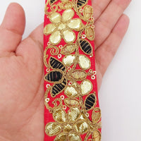 Thumbnail for Red Fabric Trim In Black & Gold Floral Embroidery, Gota Patti Trim, Indian Flower Border