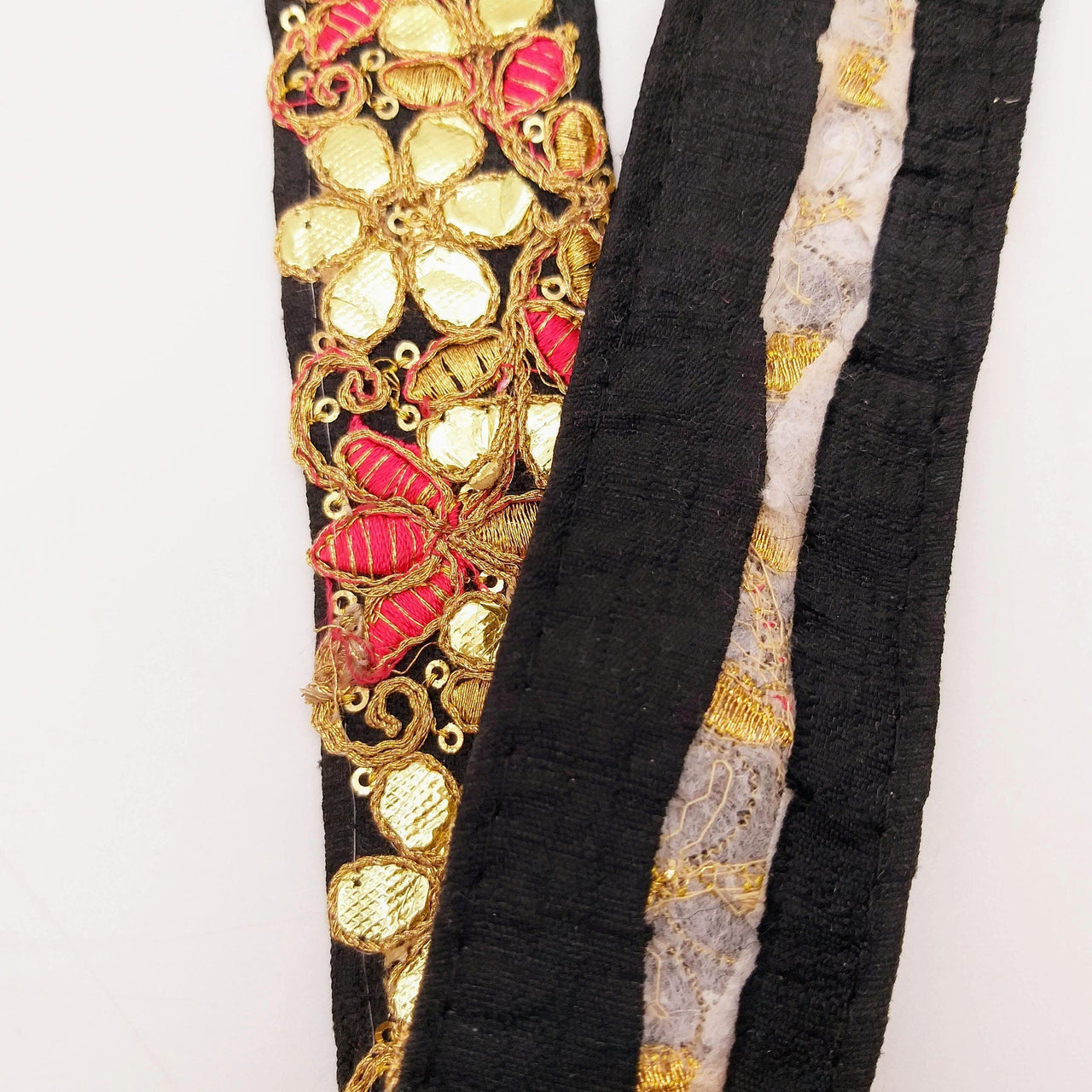 Black Fabric Trim In Pink & Gold Floral Embroidery, Gota Patti Trim, Indian Flower Border