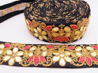 Thumbnail for Black Fabric Trim In Pink & Gold Floral Embroidery, Gota Patti Trim, Indian Flower Border