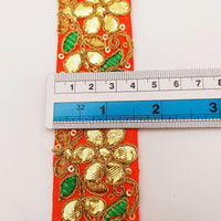 Thumbnail for Orange Fabric Trim In Green & Gold Floral Embroidery, Gota Patti Trim, Indian Flower Border