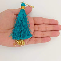 Thumbnail for Cyan Blue Tassels With Gold Beads, Beaded Thread Tassel Charms, Silky Tassels
