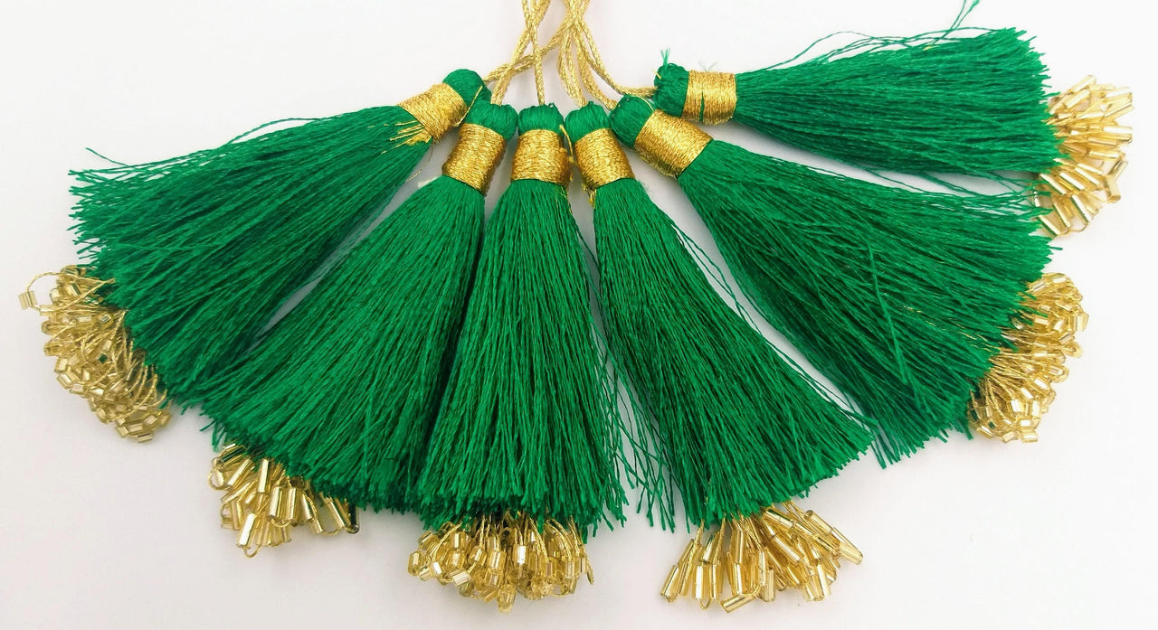 Green Tassels With Gold Beads, Beaded Thread Tassel Charms, Silky Tassels