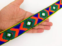 Thumbnail for Yellow Cotton Fabric Embroidered Mirrored Trim In Green, Orange & Blue, Bohemian Trim