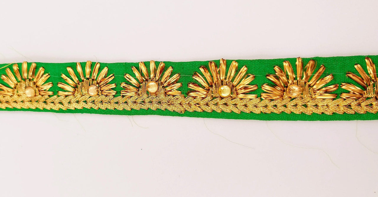 Embroidered Green Silk Trim With Gold Embroidery, Lace Trim By 2 Yard, Decorative Trimming