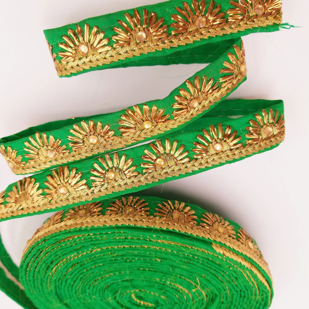 Embroidered Green Silk Trim With Gold Embroidery, Lace Trim By 2 Yard, Decorative Trimming