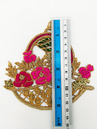 Thumbnail for Hand Embroidered Zardozi Flower Basket Applique in Fuchsia,Dark Pink and Antique Gold with Gold Sequins