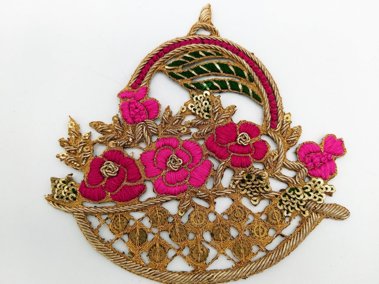 Hand Embroidered Zardozi Flower Basket Applique in Fuchsia,Dark Pink and Antique Gold with Gold Sequins