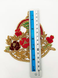 Thumbnail for Hand Embroidered Zardozi Flower Basket Applique in Orange, Peach and Antique Gold, Wedding Dress Applique