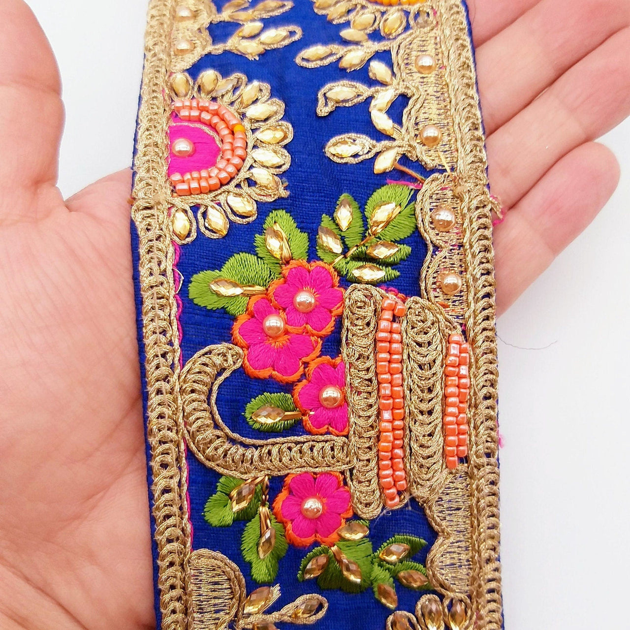 Royal Blue Art Silk Fabric Trim With Green, Orange, Pink And Gold Floral Embroidery
