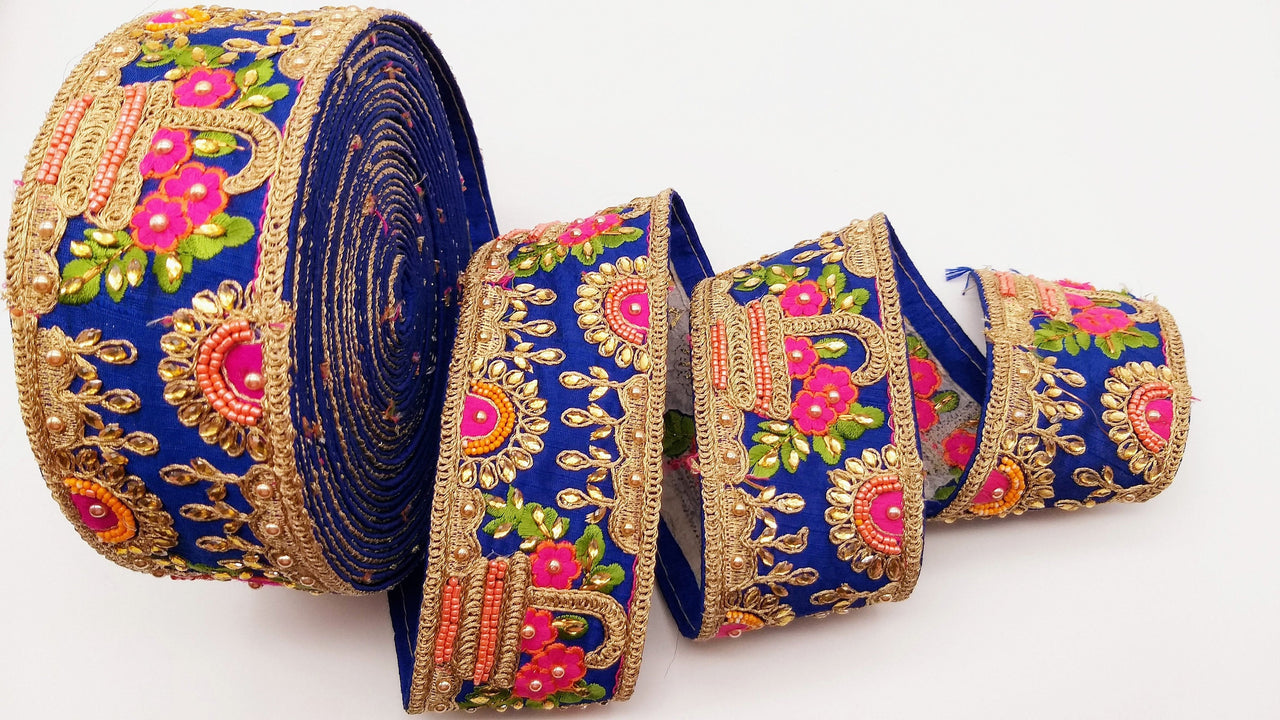 Royal Blue Art Silk Fabric Trim With Green, Orange, Pink And Gold Floral Embroidery