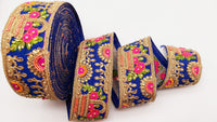Thumbnail for Royal Blue Art Silk Fabric Trim With Green, Orange, Pink And Gold Floral Embroidery