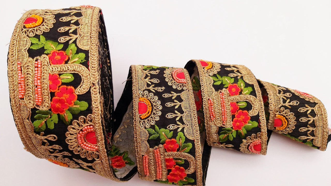 Black Art Silk Fabric Trim With Green, Orange, Red And Gold Floral Embroidery