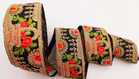 Thumbnail for Black Art Silk Fabric Trim With Green, Orange, Red And Gold Floral Embroidery