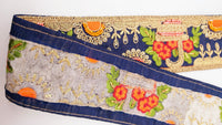 Thumbnail for Navy Blue Art Silk Fabric Trim With Green, Orange, Red And Gold Floral Embroidery