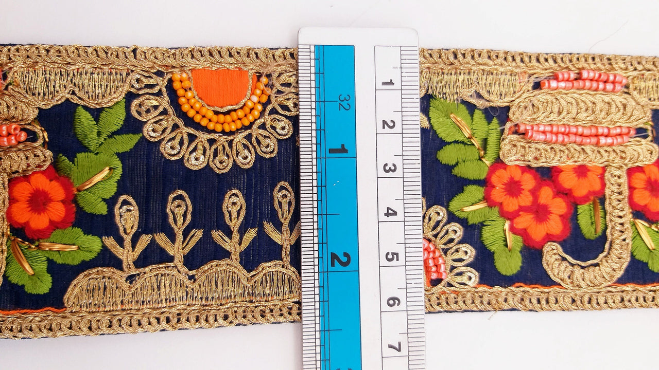 Navy Blue Art Silk Fabric Trim With Green, Orange, Red And Gold Floral Embroidery