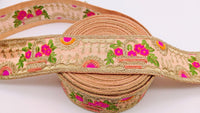 Thumbnail for Peach Art Silk Fabric Trim With Green, Orange, Fuchsia Pink And Gold Floral Embroidery