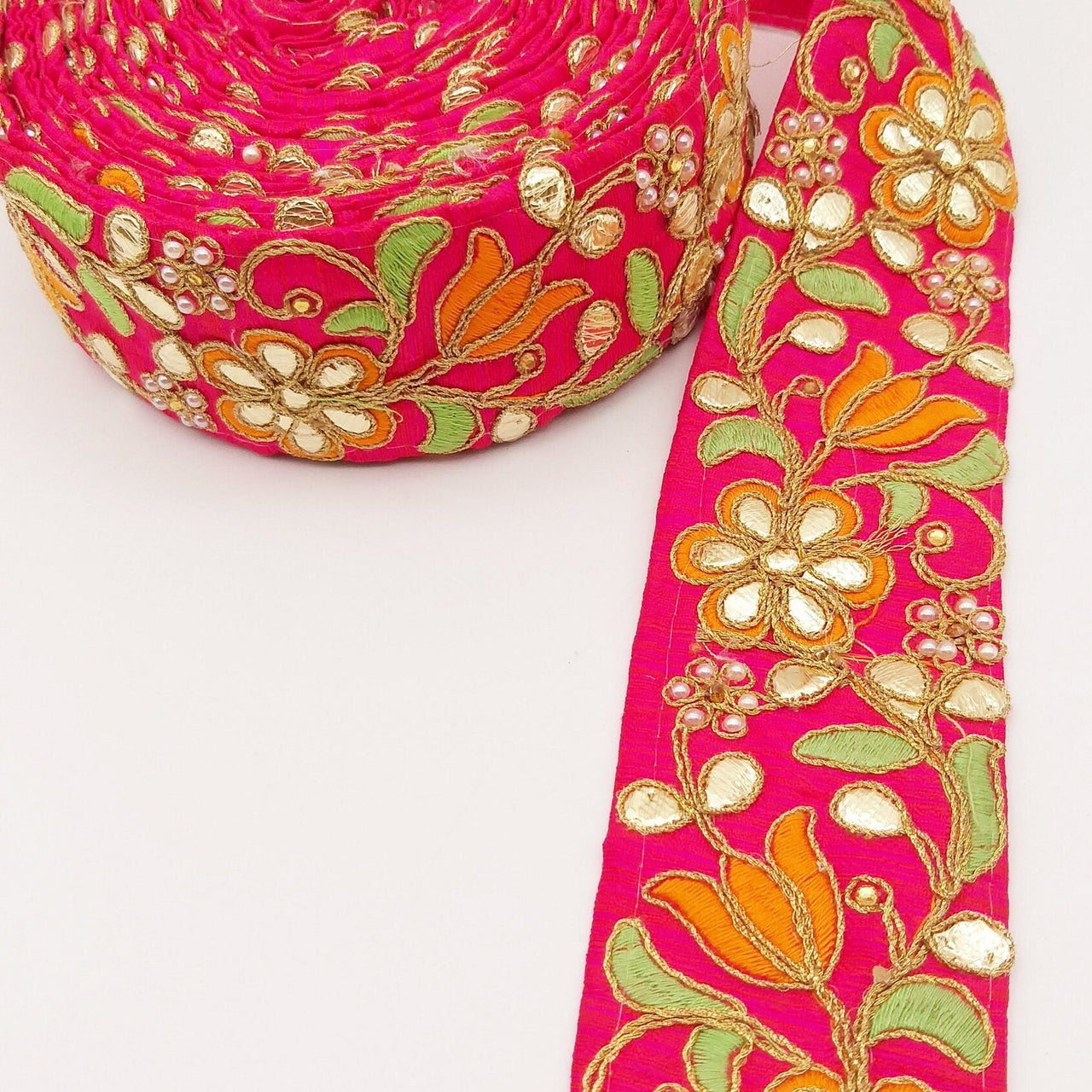 Dark Pink Fabric Trim In Green, Orange & Gold Floral Embroidery, Beaded Gota Patti