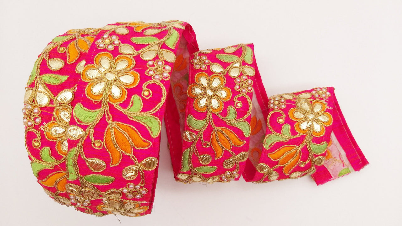 Dark Pink Fabric Trim In Green, Orange & Gold Floral Embroidery, Beaded Gota Patti