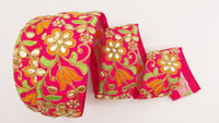 Thumbnail for Dark Pink Fabric Trim In Green, Orange & Gold Floral Embroidery, Beaded Gota Patti