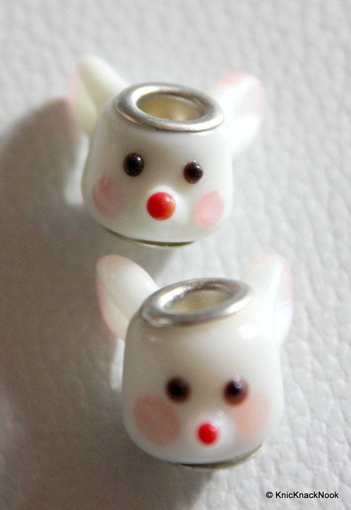 2 X White Pink Glass Easter Bunny / Rabbit Lampwork Bead