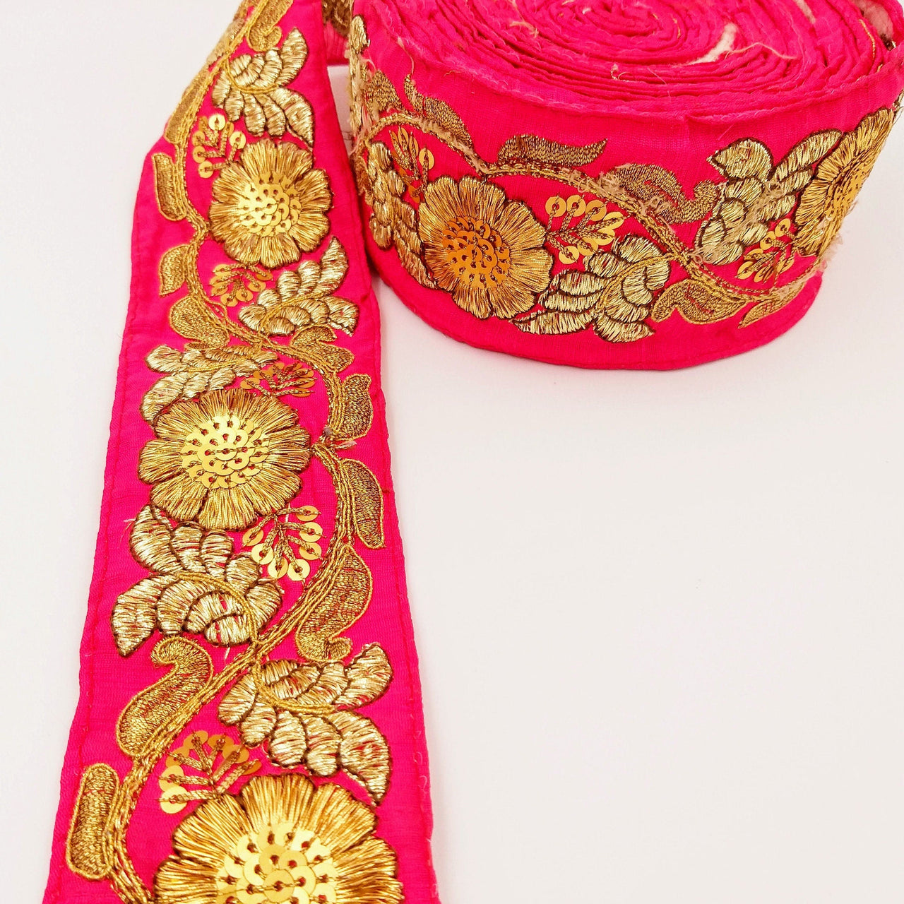 Fuchsia Pink Art Silk Trim In Gold Floral Embroidery, Gold Embroidered Flowers Border, Floral Trim