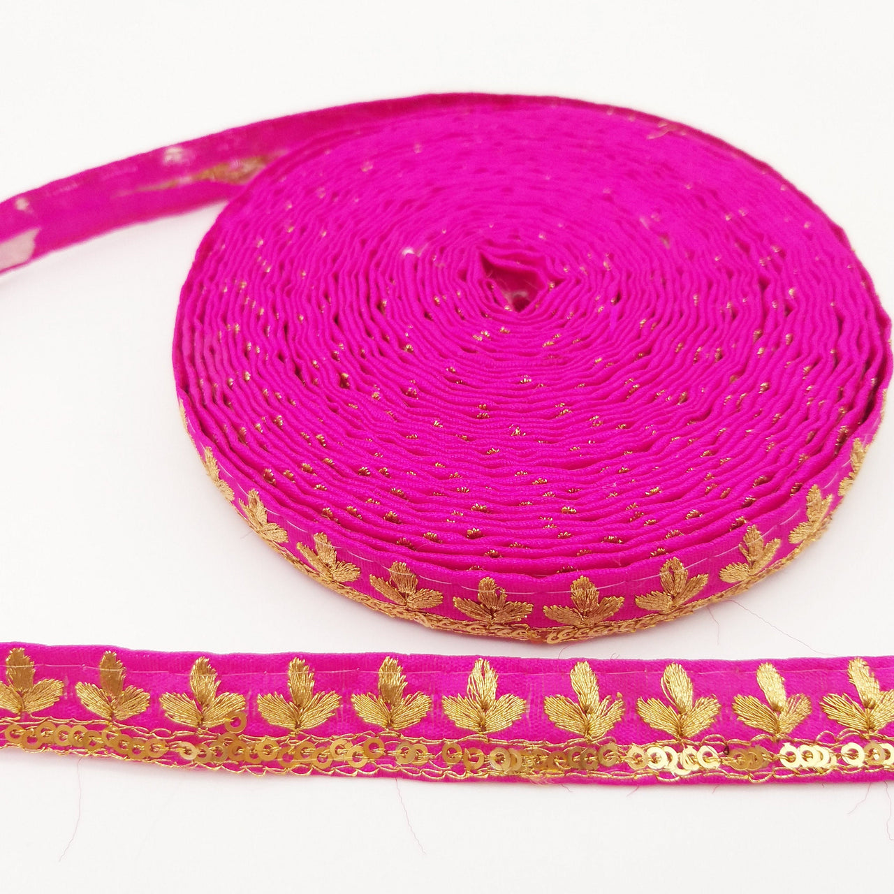 Fuchsia Pink Art Silk Trim with Gold Floral Embroidery and Gold Sequins Indian Sari Border Trim By 3 Yards Decorative Trim Craft Lace