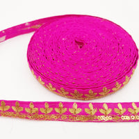 Thumbnail for Fuchsia Pink Art Silk Trim with Gold Floral Embroidery and Gold Sequins Indian Sari Border Trim By 3 Yards Decorative Trim Craft Lace