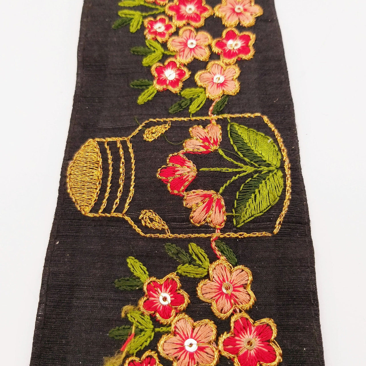 Black Art Silk Trim With Floral Embroidery & Sequins, Red, Green And Gold Flower Embroidered Trim