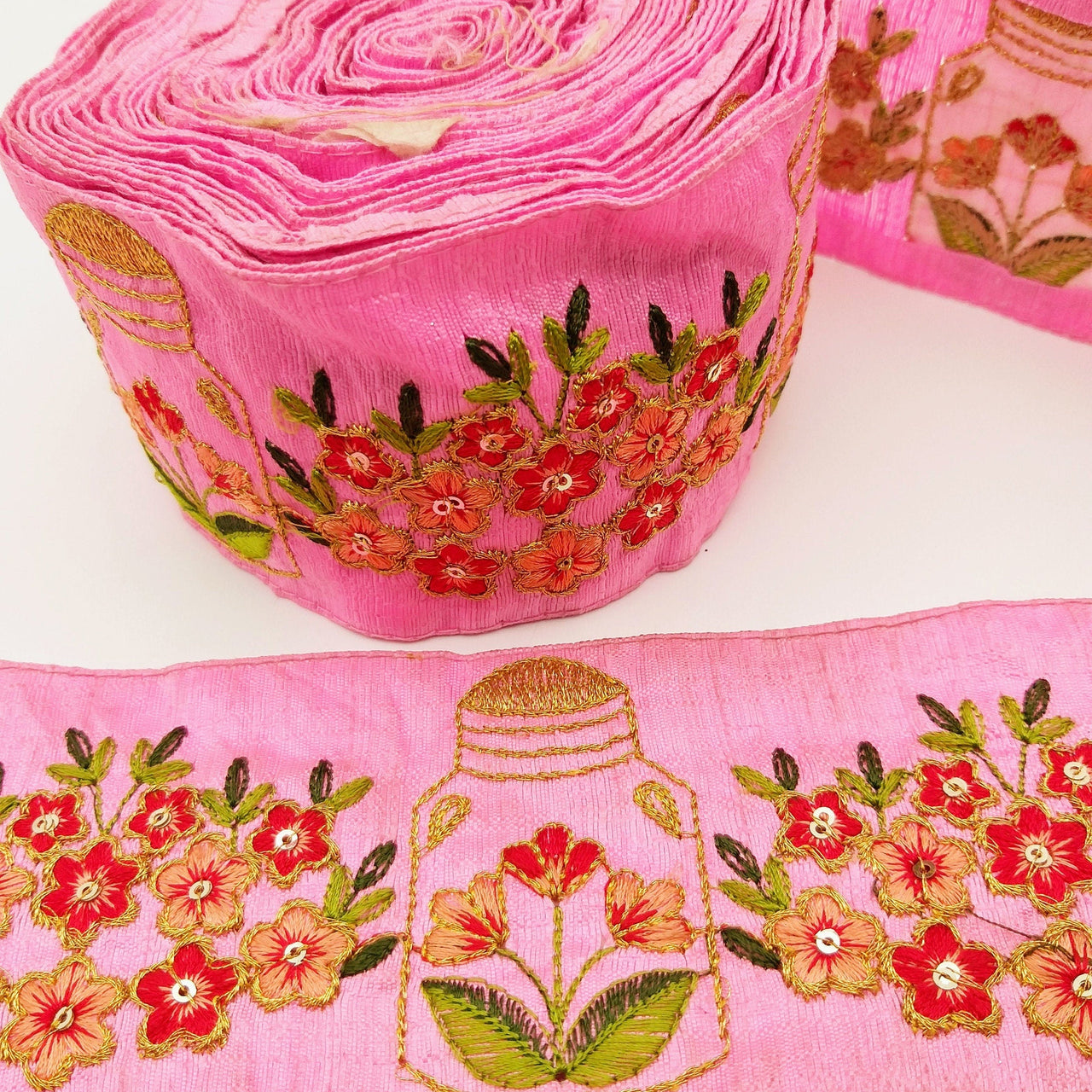 Pink Art Silk Trim With Floral Embroidery & Sequins, Red, Green And Gold Flower Embroidered Trim