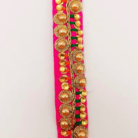 Thumbnail for Fuchsia Pink Fabric Embroidered Trim with Gold Beads, Decorative Sari Trim, Trim By 3 Yards