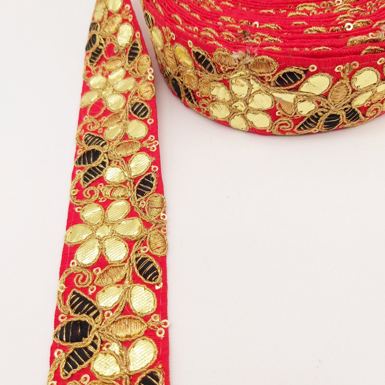 Red Fabric Trim In Black & Gold Floral Embroidery, Gota Patti Trim, Indian Flower Border