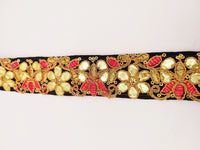 Thumbnail for Black Fabric Trim In Pink & Gold Floral Embroidery, Gota Patti Trim, Indian Flower Border
