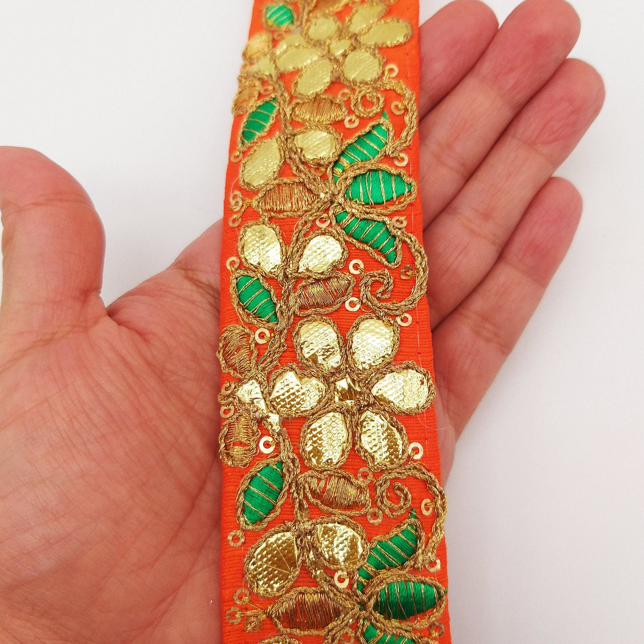 Orange Fabric Trim In Green & Gold Floral Embroidery, Gota Patti Trim, Indian Flower Border