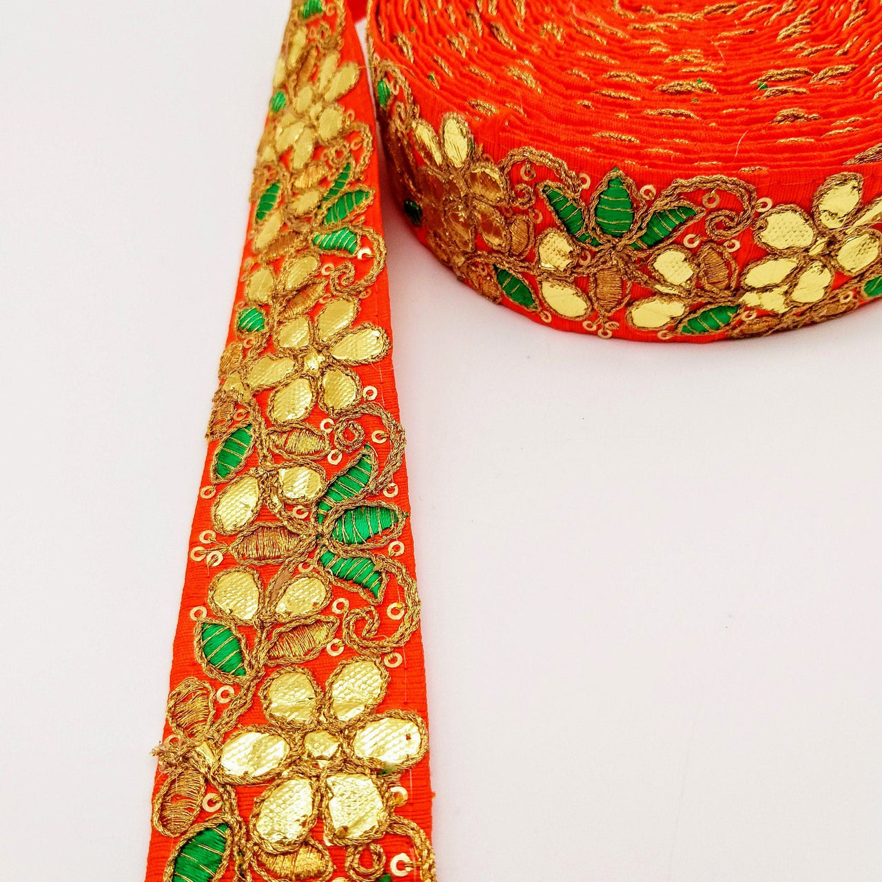 Orange Fabric Trim In Green & Gold Floral Embroidery, Gota Patti Trim, Indian Flower Border