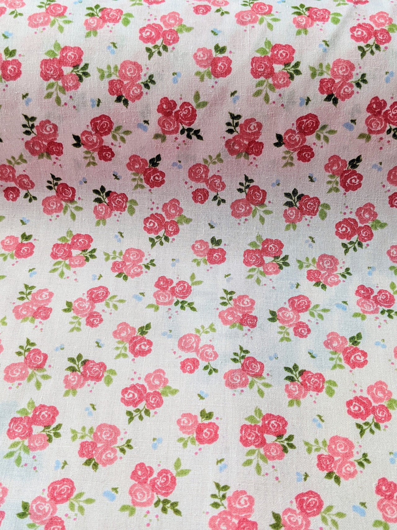 Pink Sally Poly Cotton Triple Rose Floral Fabric, Small Print Fabric, Small Flower Fabric