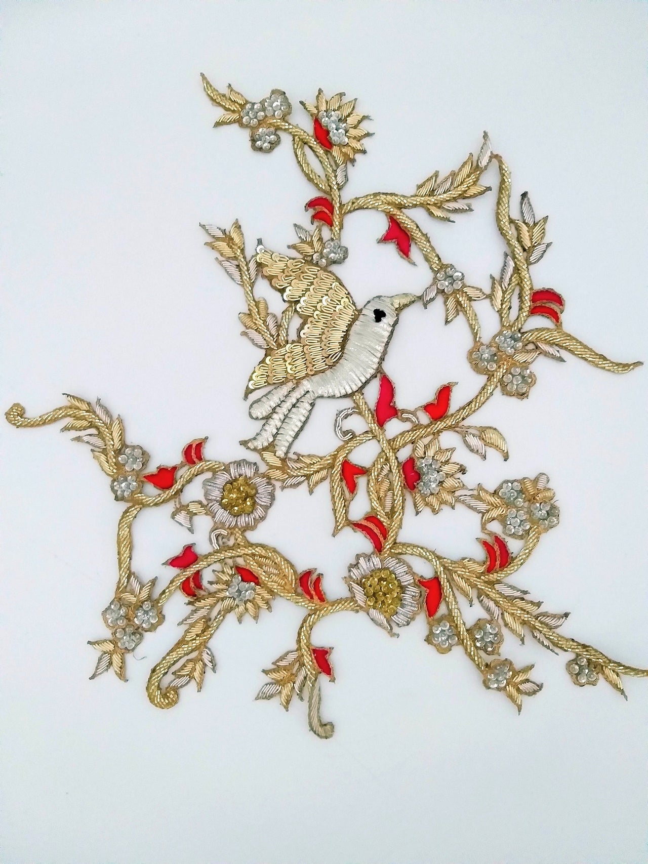 Large Hand Embroidered Sparkly Bird Applique With Red, Silver and Gold Embroidery With Zardozi Work, Bird and Floral Applique