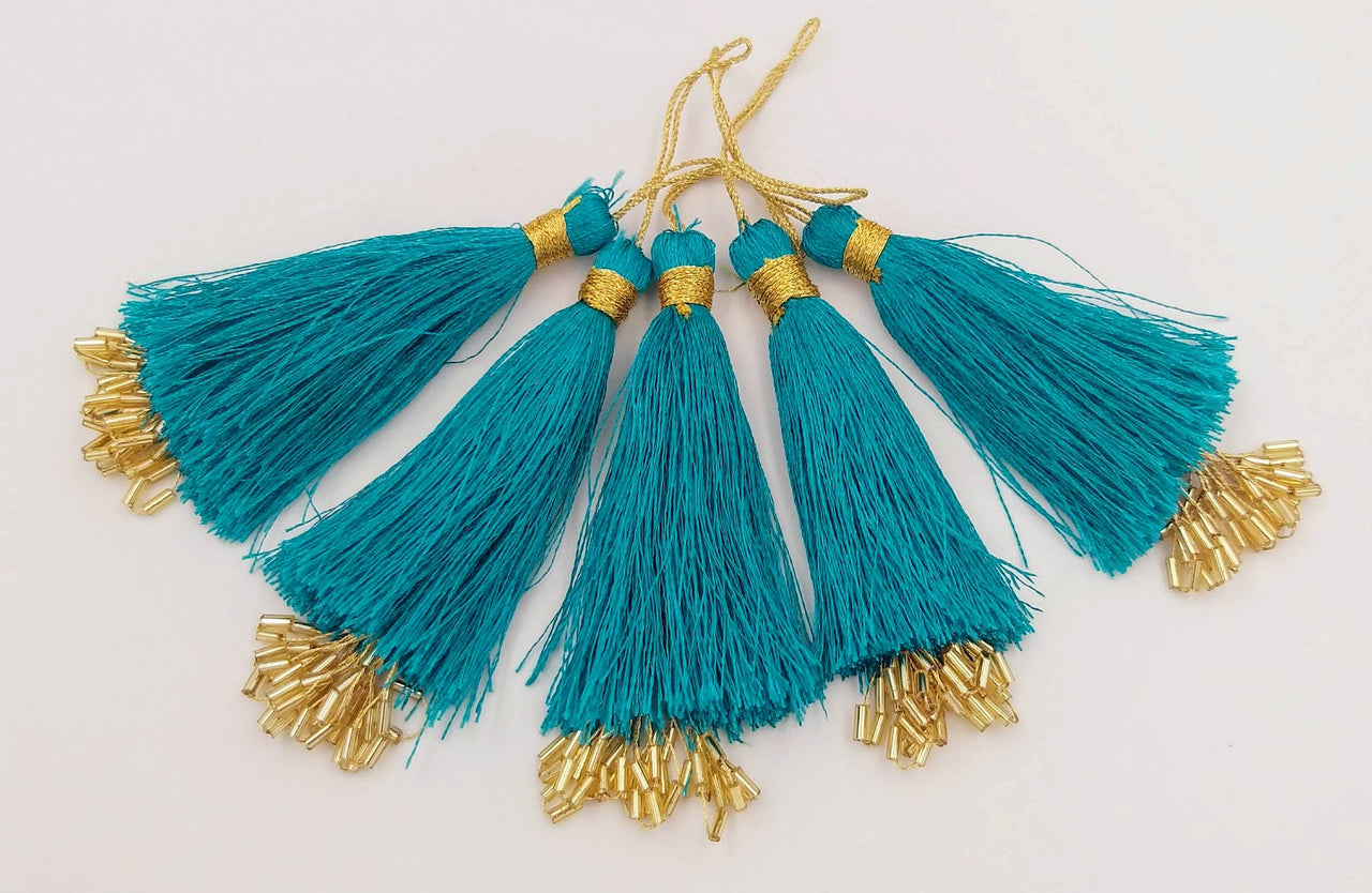 Cyan Blue Tassels With Gold Beads, Beaded Thread Tassel Charms, Silky Tassels