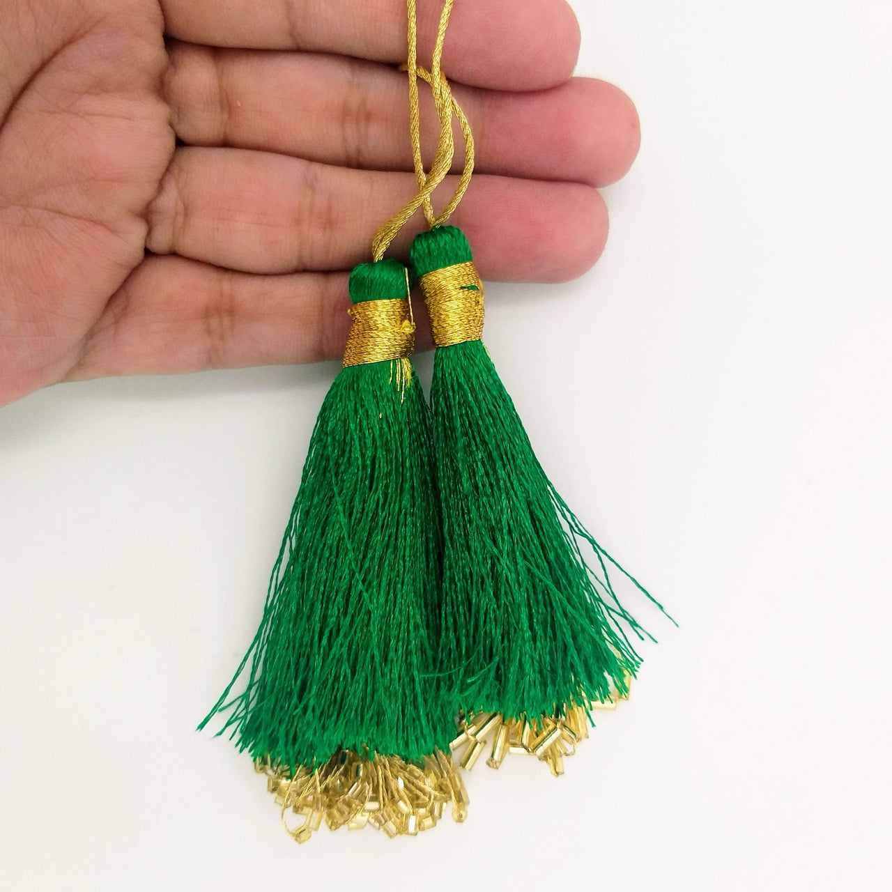 Green Tassels With Gold Beads, Beaded Thread Tassel Charms, Silky Tassels